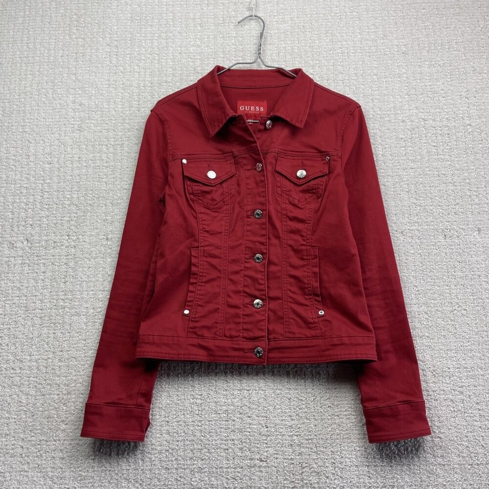 Y2K Guess Denim Jacket Wom M Cherry Red Button Up Jean Trucker Biker Retro